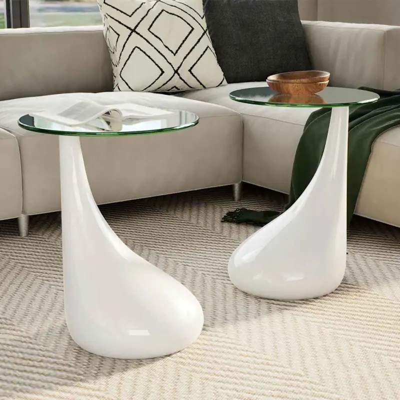 Mesa de centro superficie redonda vidrio 2 uds blanco brillante