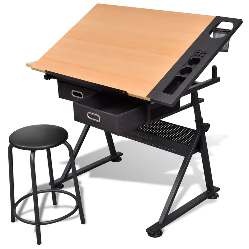 Mesa de dibujo inclinable con 2 cajones y taburete