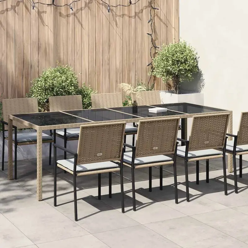 Mesa de jardín de vidrio templado ratán PE beige 250x100x75 cm