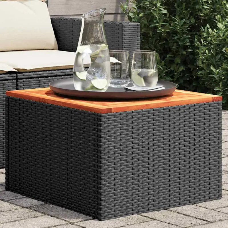 Mesa de jardín negra 55x55x37 cm ratán sintético y madera de acacia