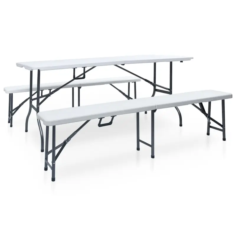 Mesa de jardín plegable con 2 bancos acero y HDPE blanco 180 cm