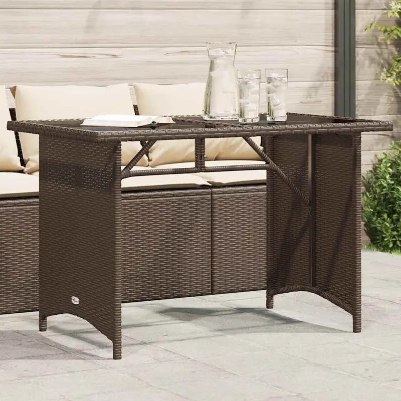 Mesa de jardín superficie vidrio ratán PE marrón 110x68x70 cm