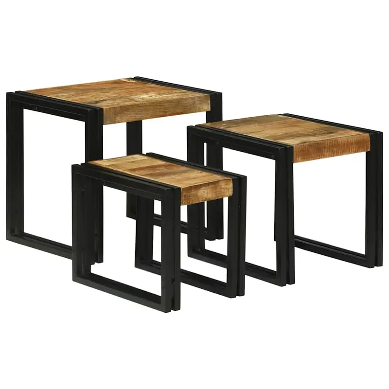 Mesa Nido 3 pcs Marrón y Negro Madera de Mango Sólida y Metal