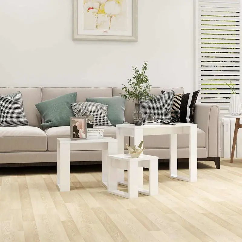 Mesas apilables 3 piezas madera contrachapada blanco brillante
