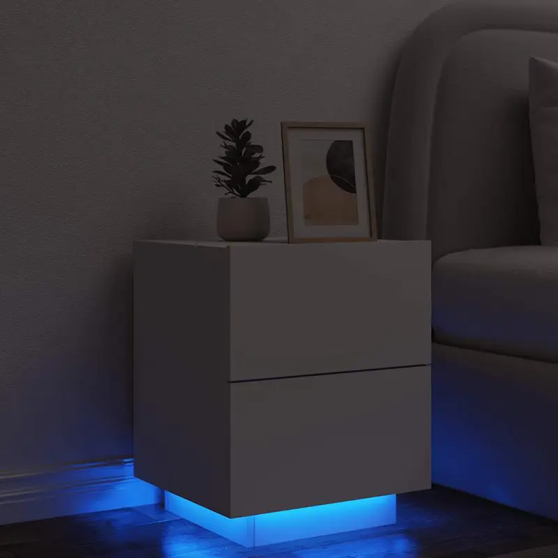 Mesita de noche con luces LED madera de ingeniería blanca