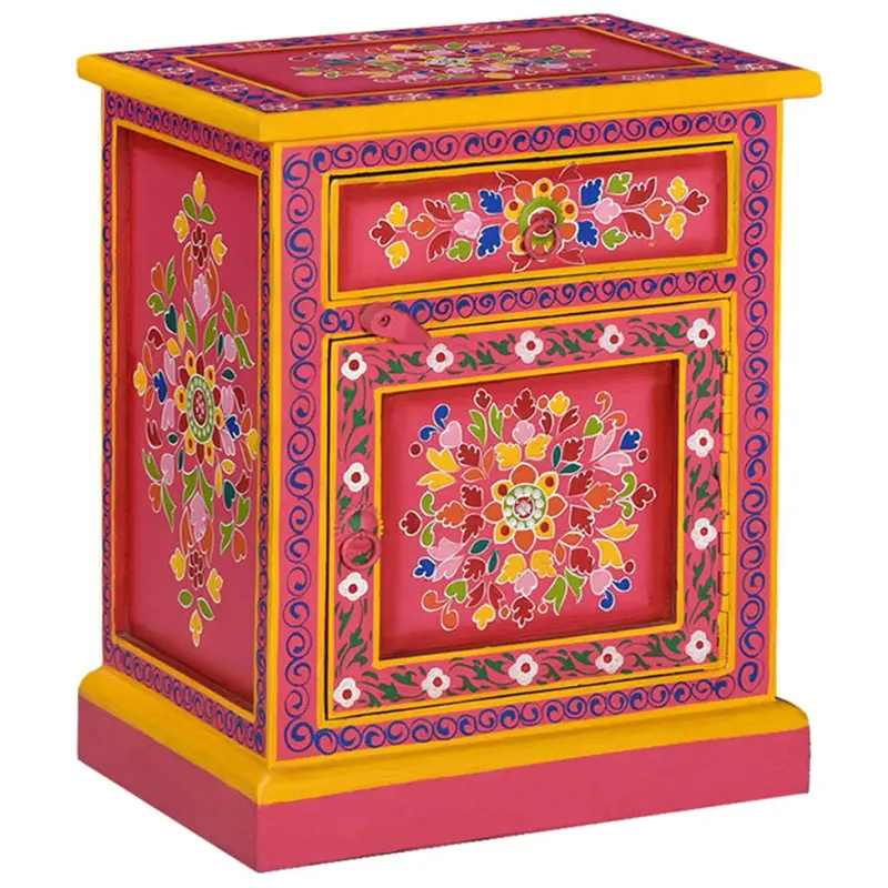 Mesita de noche de madera maciza de mango rosa pintada a mano