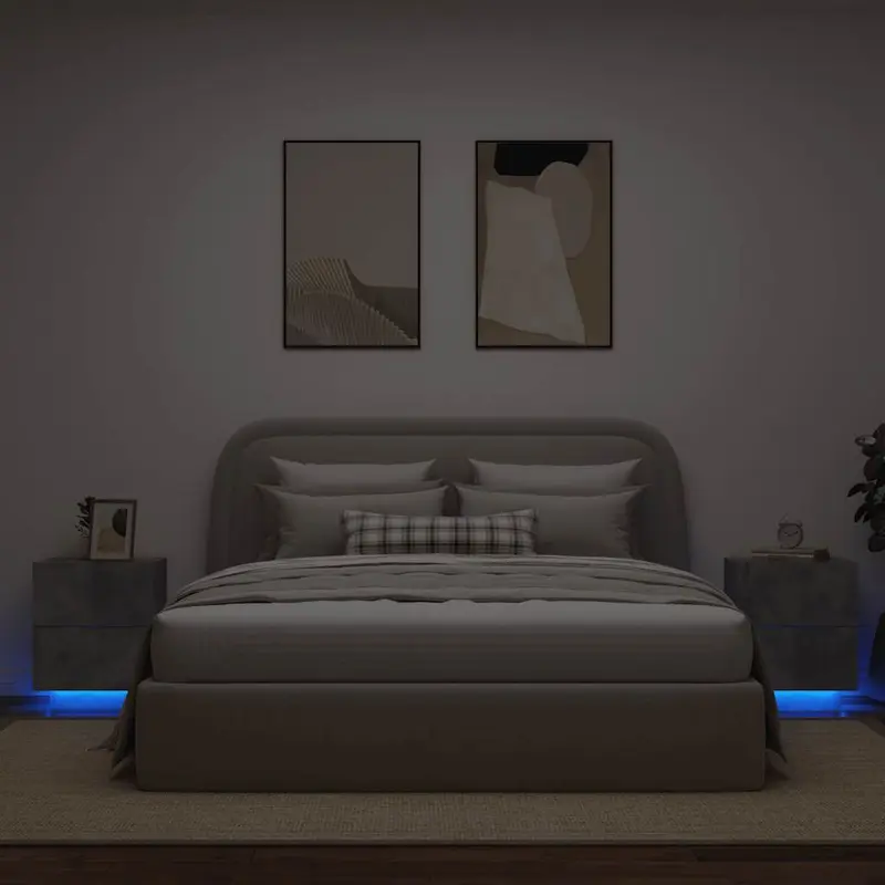Mesita de noche luces LED 2 uds madera ingeniería gris hormigón