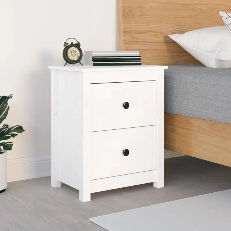 Mesita de noche madera maciza de pino blanca 50x35x61,5 cm