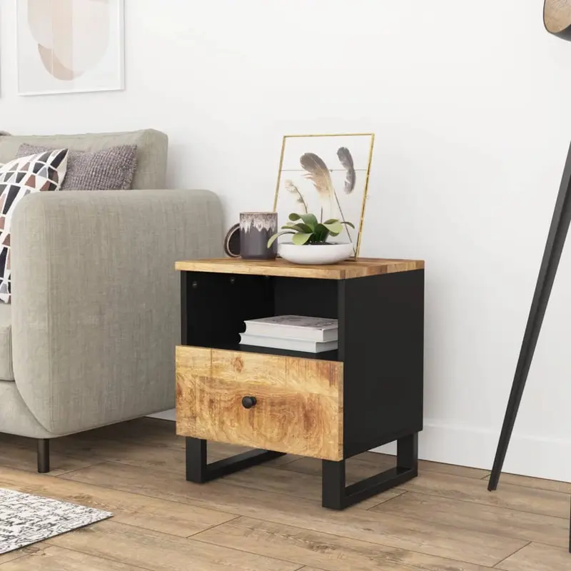Mesita de noche madera maciza mango y madera contrachapada