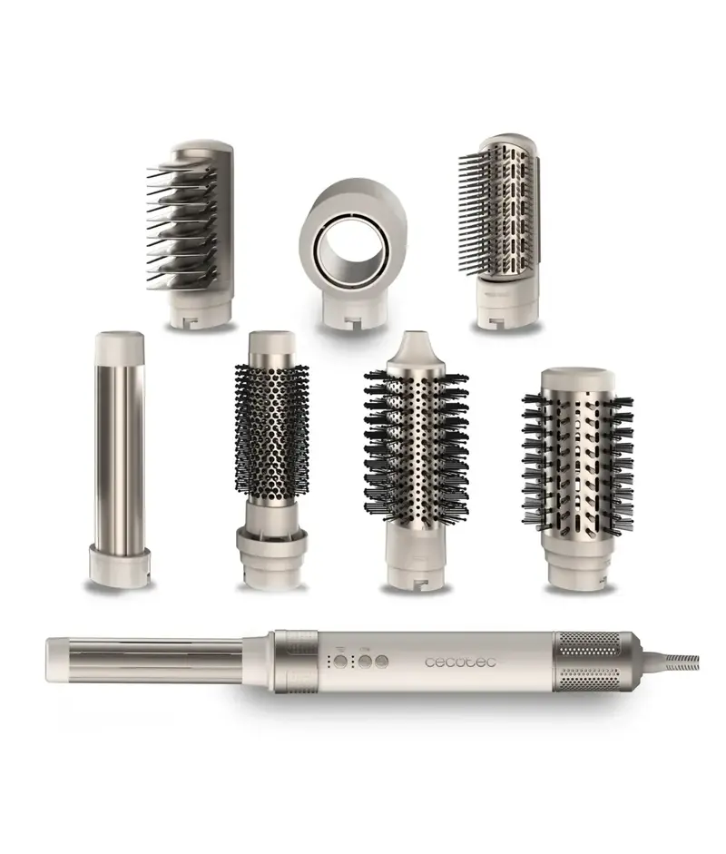 Moldeador Bamba CeramicCare AirGlam champagne con 8 cabezales tecnología Coanda motor Digital y Reducción de frizz Cecotec