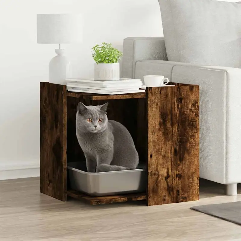 Mueble arenero para gatos madera roble ahumado 53x53x51 cm