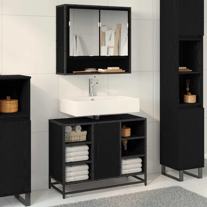 Mueble de Cuarto de Baño con puerta Roble Negro 80 x 33 x 60 cm