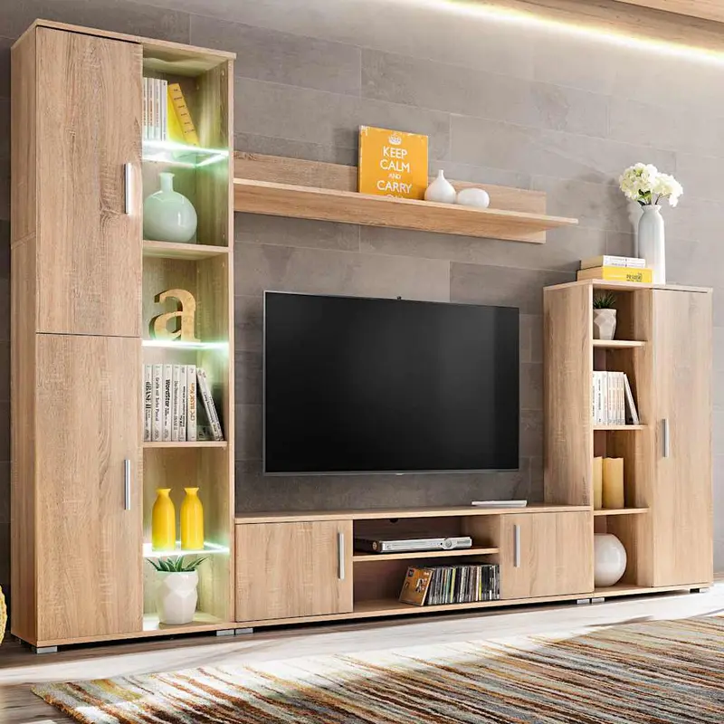 Mueble de salón de pared para TV con luces LED roble Sonoma