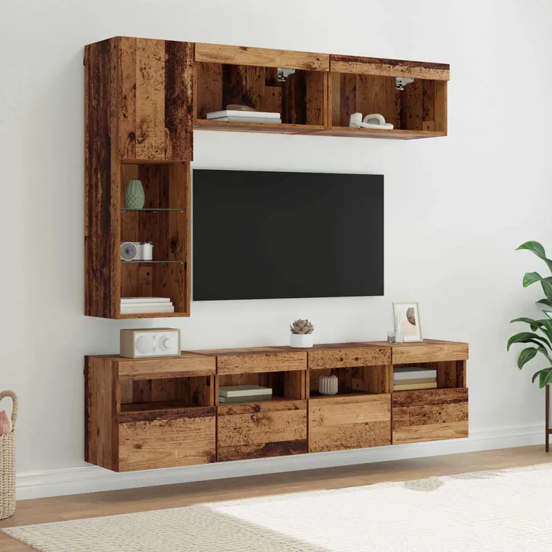 Mueble de TV con LED 7 pcs Madera vieja Madera de ingeniería
