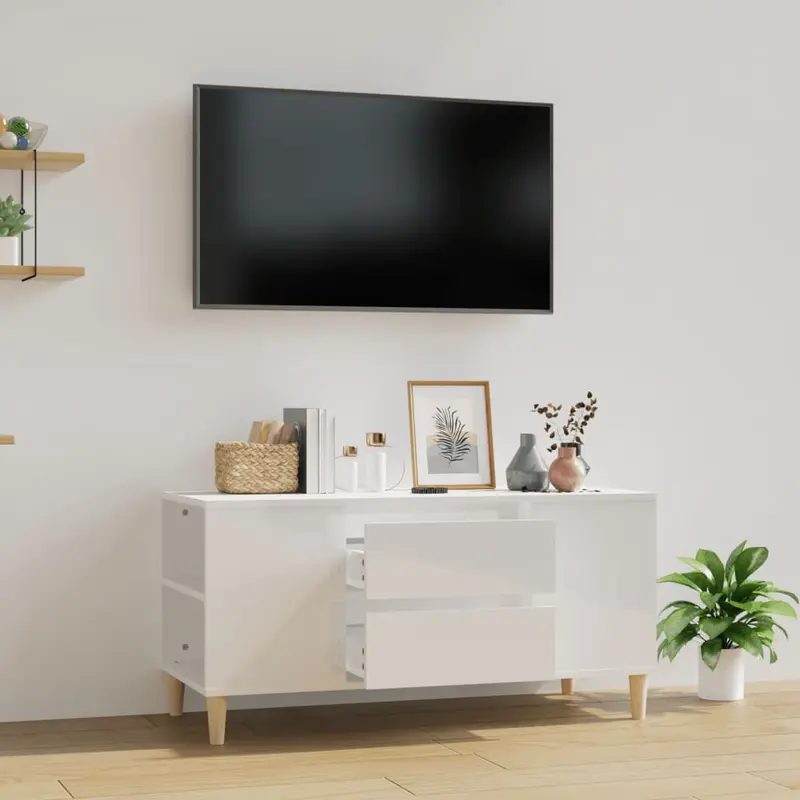 Mueble de TV madera contrachapada blanco brillo 102x44,5x50 cm