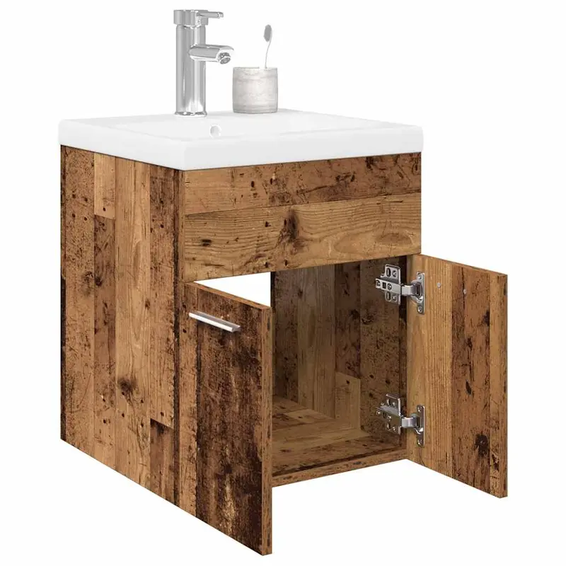 Mueble fregadero con lavabo y grifo empotrados madera vieja