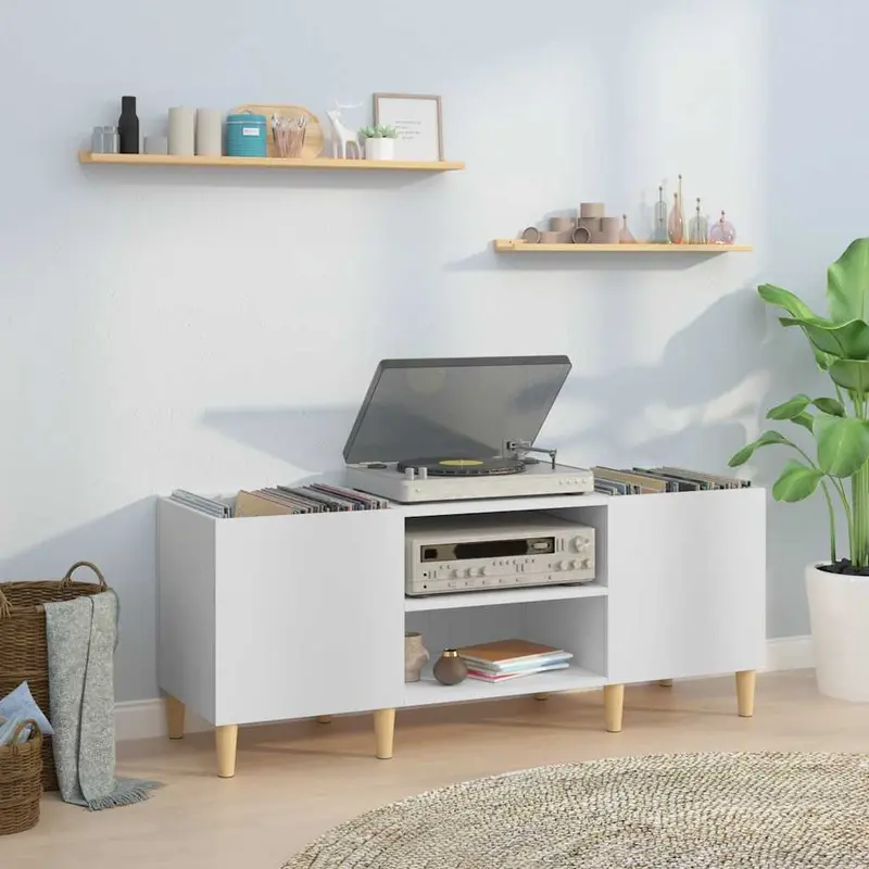 Mueble para discos de madera de ingeniería blanco 121x38x48 cm