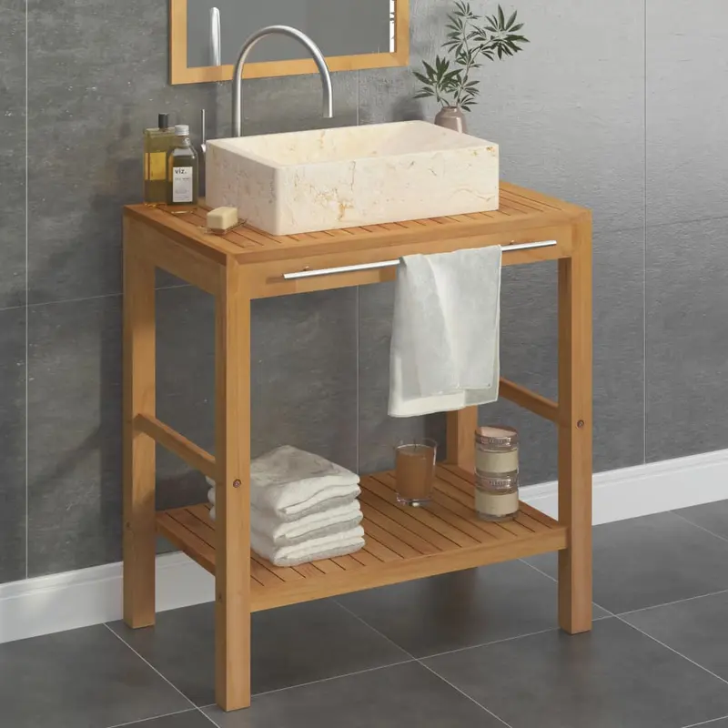 Mueble tocador madera teca maciza con lavabo de mármol crema