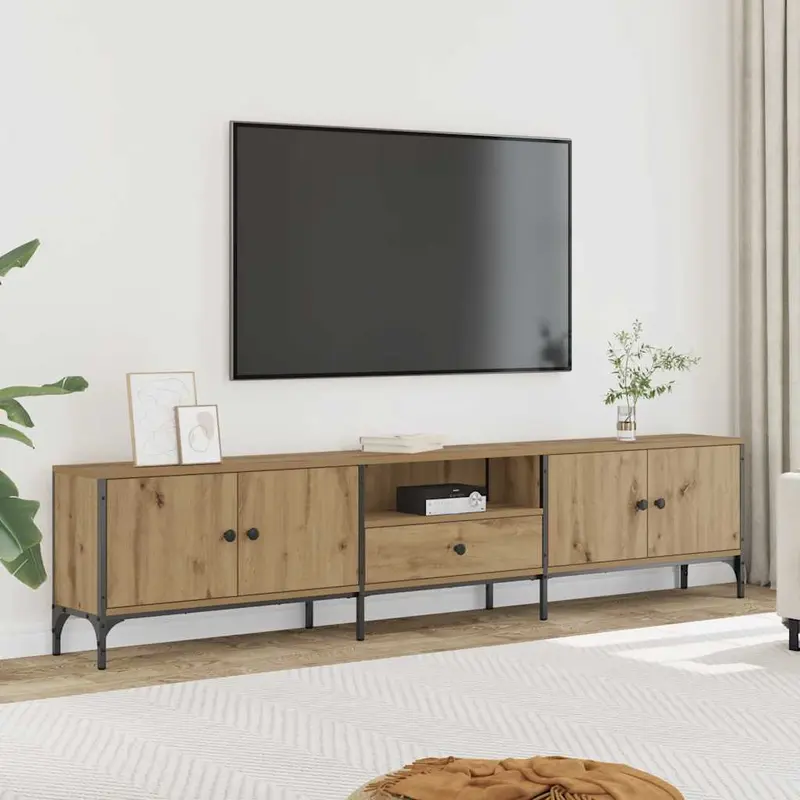 Mueble TV cajón madera ingeniería roble artesanal 200x25x44 cm