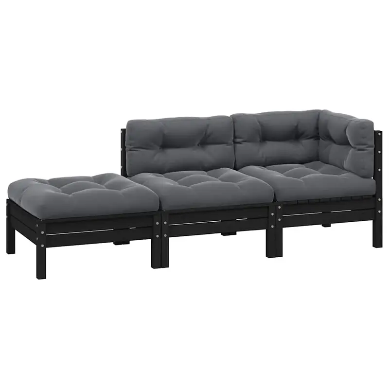 Muebles de jardín 3 pzas con cojines negro madera maciza pino