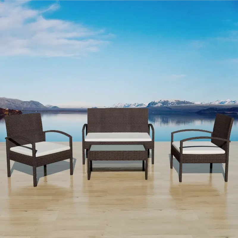 Muebles de jardín 4 piezas con cojines ratán sintético marrón
