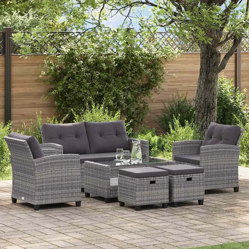 Muebles de jardín 6 pzas y cojines ratán sintético gris oscuro