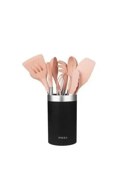 Pack de 9 utensilios de cocina de silicona rosa y mango de acero con detalle negro polka experience gravity de Cecotec