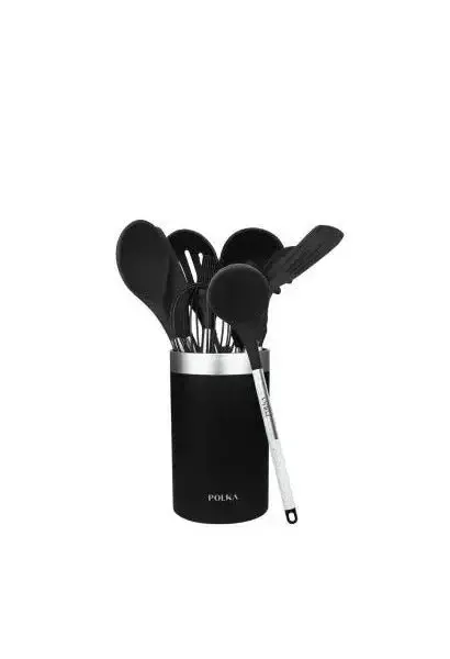 Pack de nueve utensilios de cocina de silicona negra y con mango de acero polka exclusive wood&rock de Cecotec