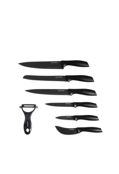 Pack de siete cuchillos profesionales color negro de acero inoxidable y recubrimiento cerámico titanium de Cecotec