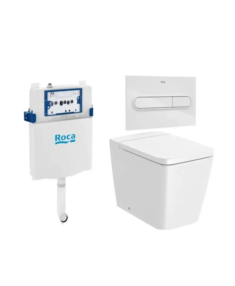 Pack inodoro adosado a pared Rimless salida dual tapa amortiguada placa pulsadora y cisterna Square Roca