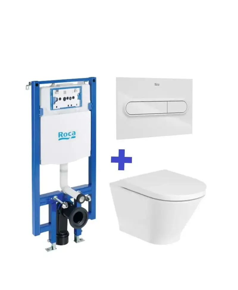 Pack inodoro Rimless Roca The Gap Round suspendido salida horizontal y cisterna compacta empotrable doble descarga Duplo WC One Compact