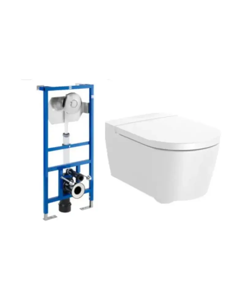 Pack inodoro suspendido Rimless con tapa amortiguada y cisterna salida horizontal Round Roca A346527000+A890092100