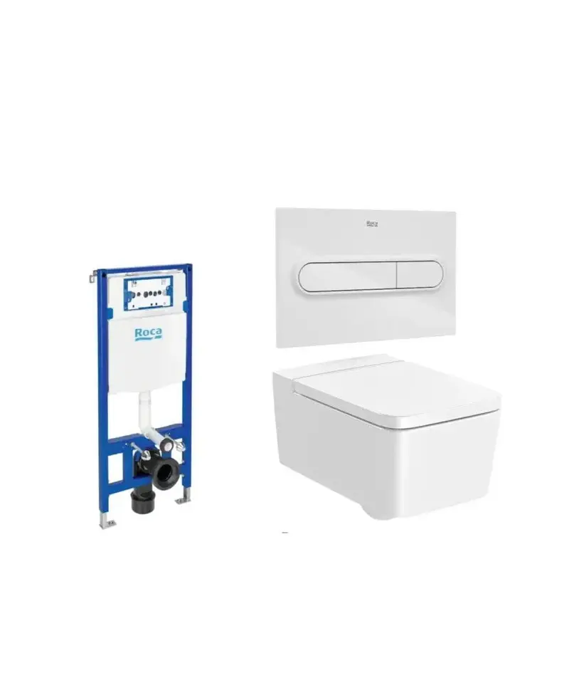 Pack inodoro suspendido Rimless con tapa y asiento amortiguado salida horizontal placa pulsadora y cisterna Square Roca