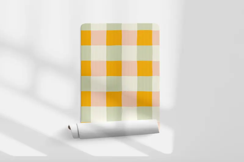 Papel pintado Cuadros Vichy Naranja Beige Verde L