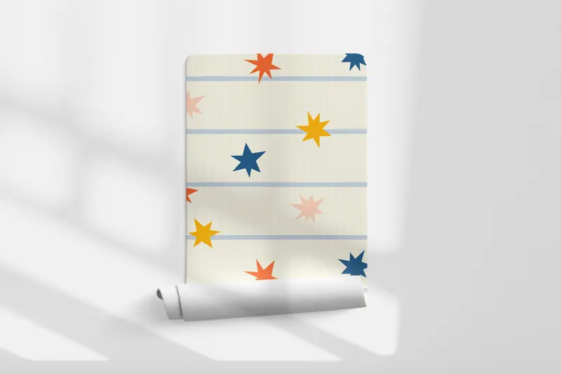 Papel pintado Estrellas Multicolor Rayas Azul Crema L