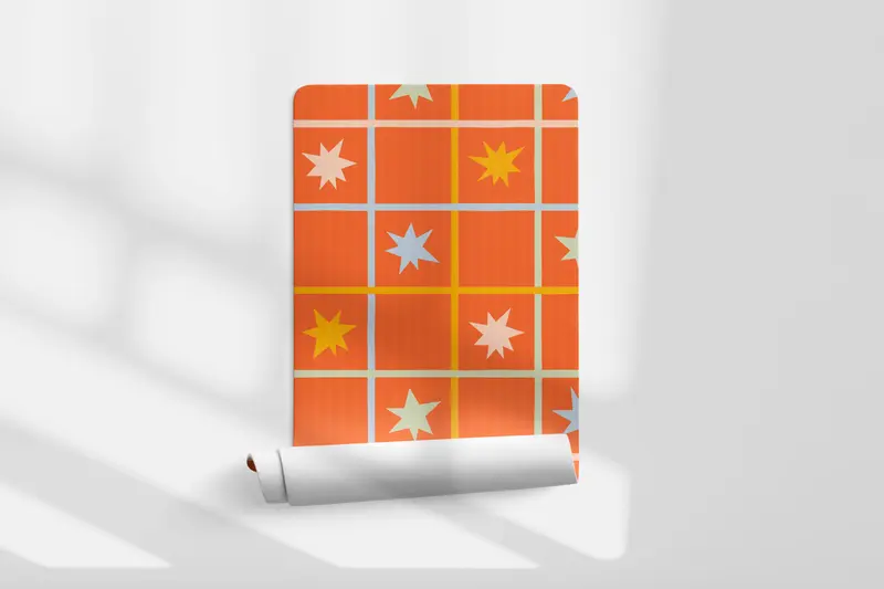Papel pintado Geometrico Estrellas Naranja Azul Amarillo L
