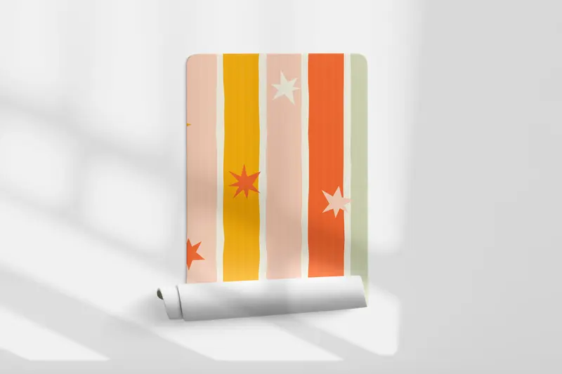 Papel pintado Rayas Irregulares Estrellas Naranja Verde L