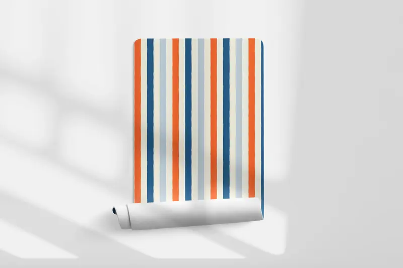 Papel pintado Rayas Irregulares Naranja Azul Crema S