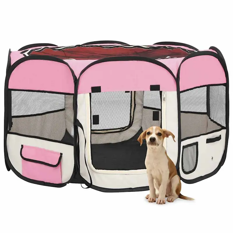 Parque de perros plegable y bolsa transporte rosa 110x110x58cm