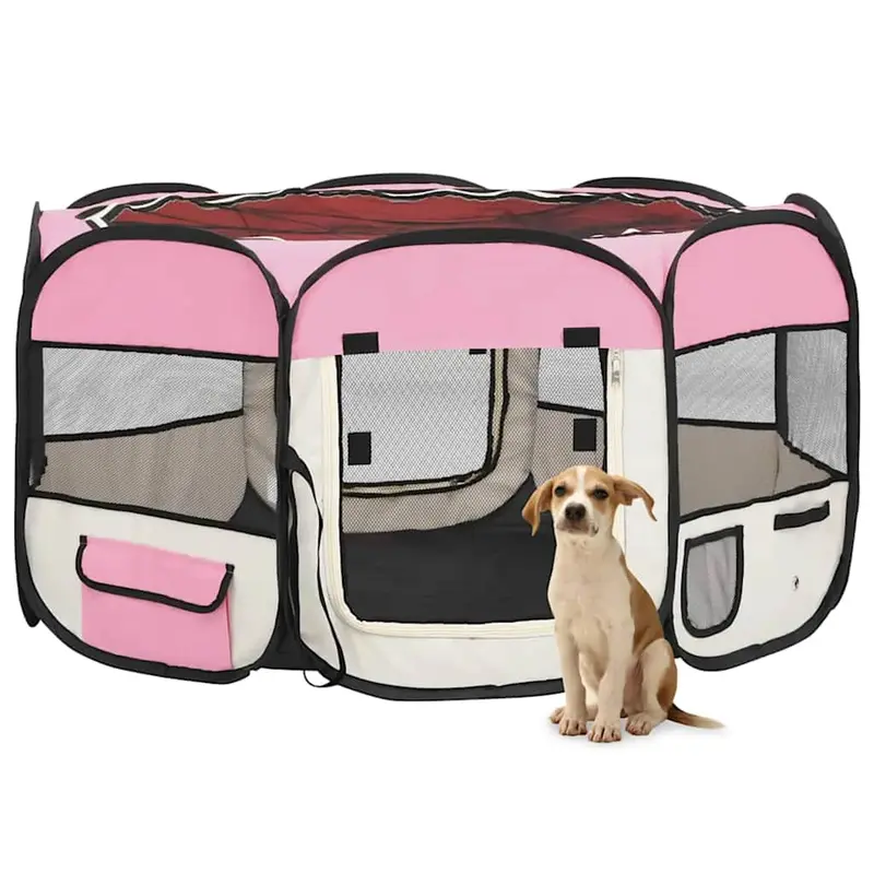 Parque de perros plegable y bolsa transporte rosa 125x125x61cm