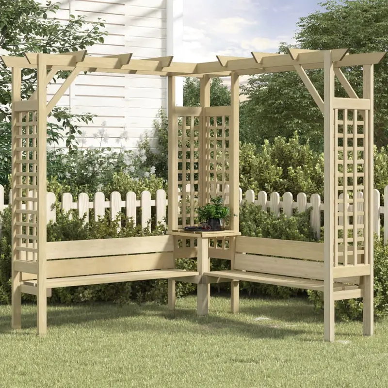 Pérgola de esquina con banco madera de pino impregnada