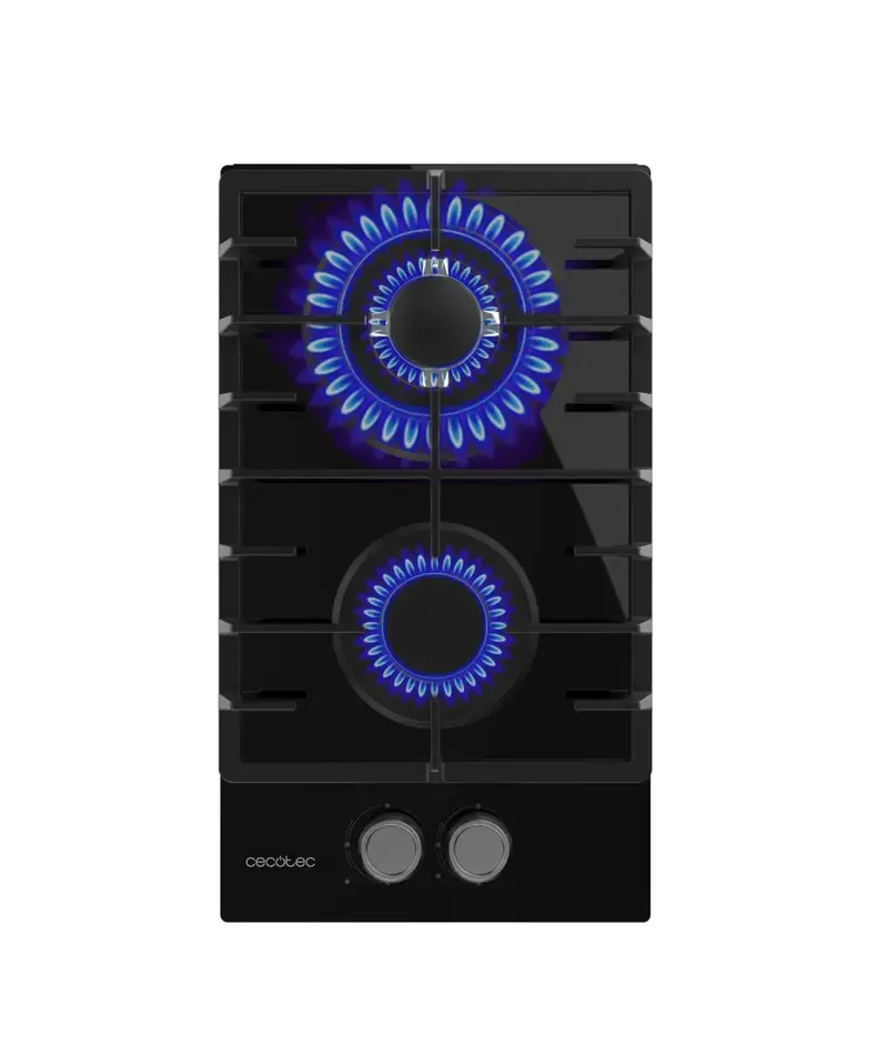 Placa de gas Bolero Squad G 2200F cristal negro 2 fuegos encendido eléctrico y quemador WOK triple corona de Cecotec