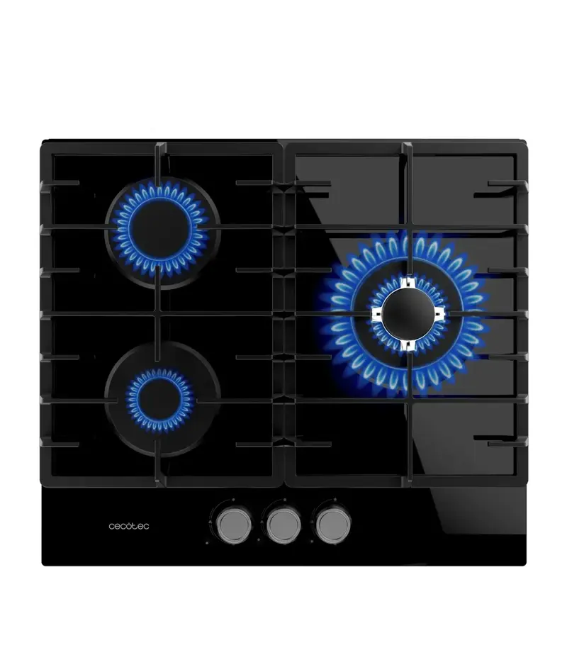 Placa de gas Bolero Squad G 3200F Glass Black 3 fuegos con parrillas de hierro y quemador WOK potente de Cecotec