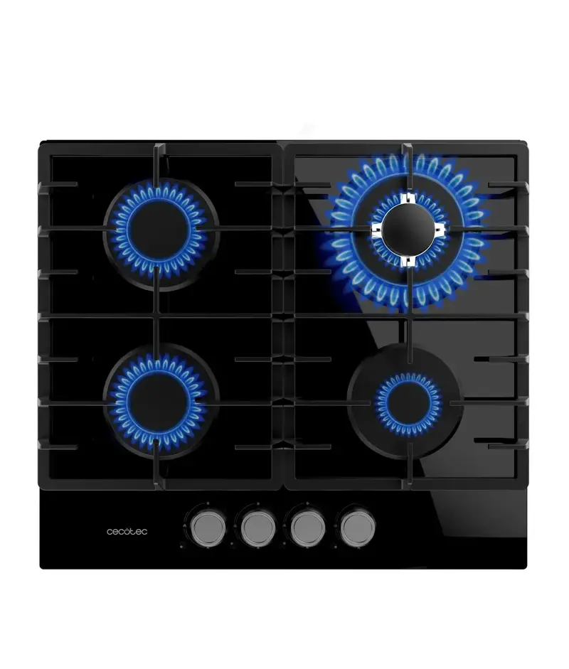 Placa de gas Bolero Squad G 4200F 4 fuegos cristal negro con WOK y seguridad para gas natural y butano de Cecotec