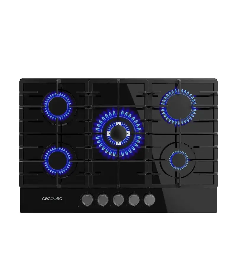 Placa de gas Bolero Squad G 5200F 5 fuegos cristal negro con parrillas de hierro fundido y encendido eléctrico de Cecotec