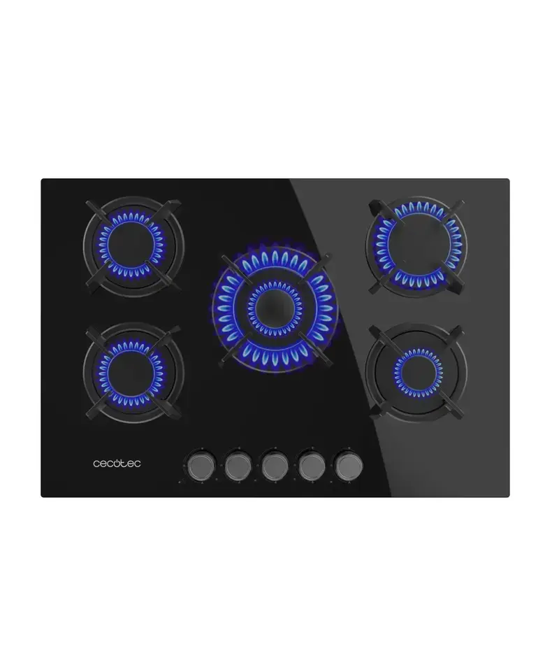 Placa de gas Bolero Squad G 5200S 5 fuegos cristal negro encendido eléctrico y quemador WOK triple corona de Cecotec