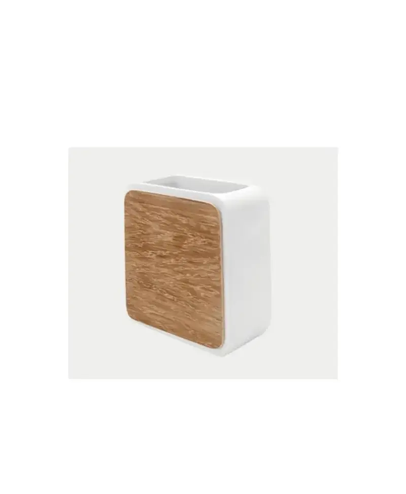 Portacepillos vaso moderno de poliresina y madera con acabado blanco Nordic de Aquore