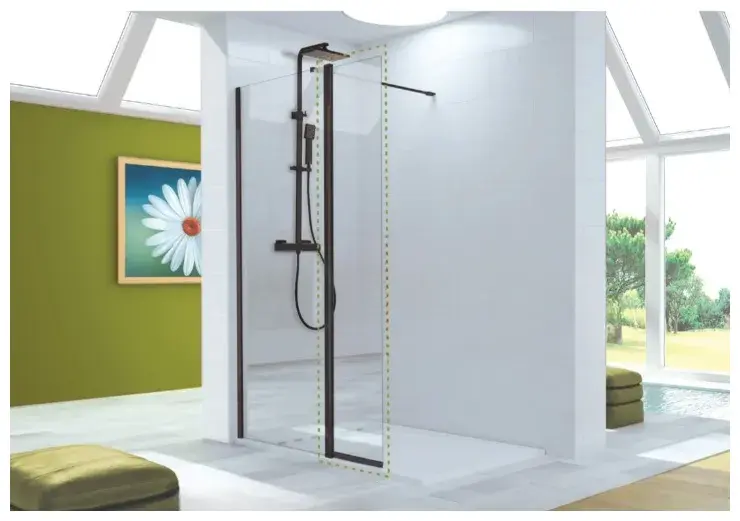 Puerta abatible para mampara de cristal templado con perfil negro Vision Kassandra