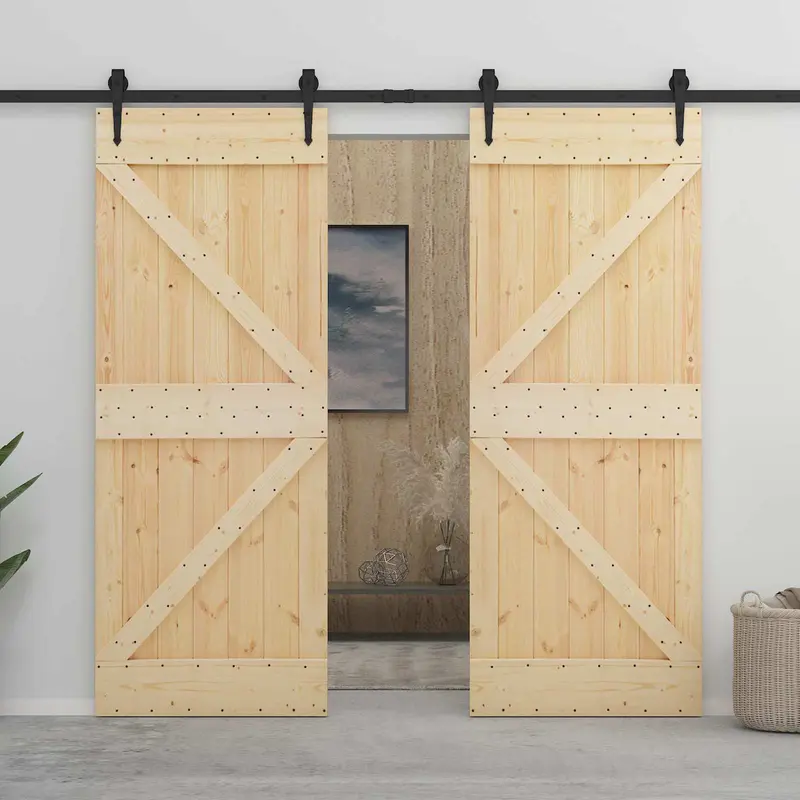 Puerta Corredera 2 pcs Natural y negro Madera de Pino Maciza