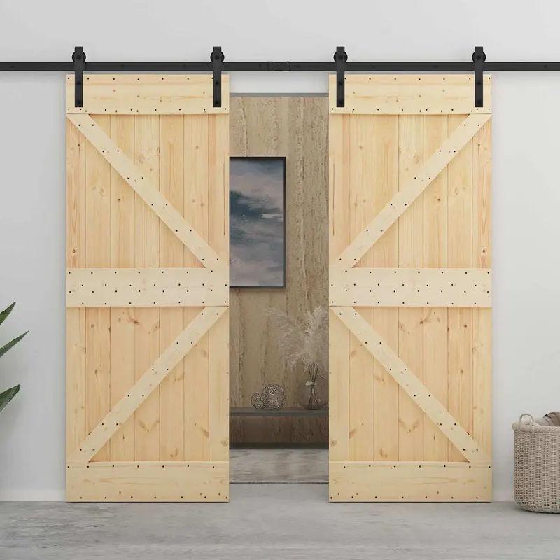 Puerta Corredera 2 pcs Natural y negro Madera de Pino Maciza